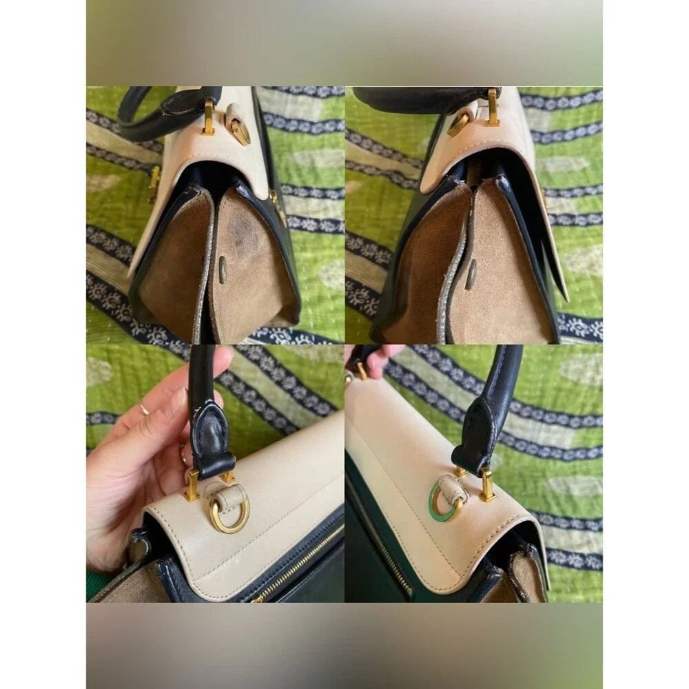 Celine 2014 Tricolor Trapeze Ivory/ Khaki/ Black Drummed Leather Satchel Luxury